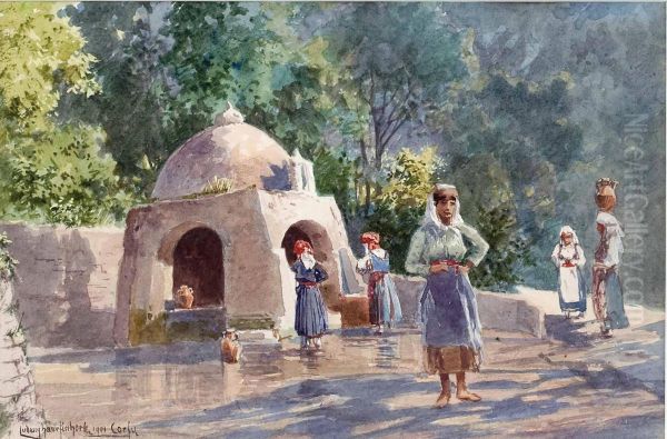 Corfu - Frauen Beim Wasser Holen Oil Painting by Ludwig Hans Fischer