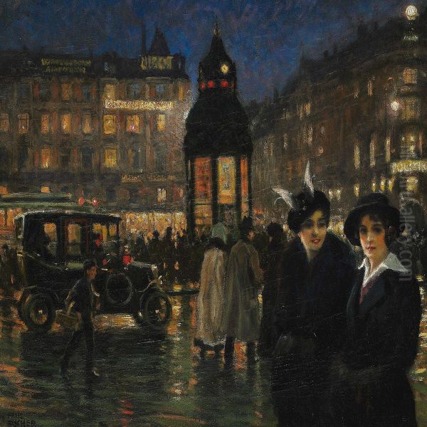 Street Life At Radhuspladsen (the City Hall Square) In Copenhagen Oil Painting by Paul-Gustave Fischer