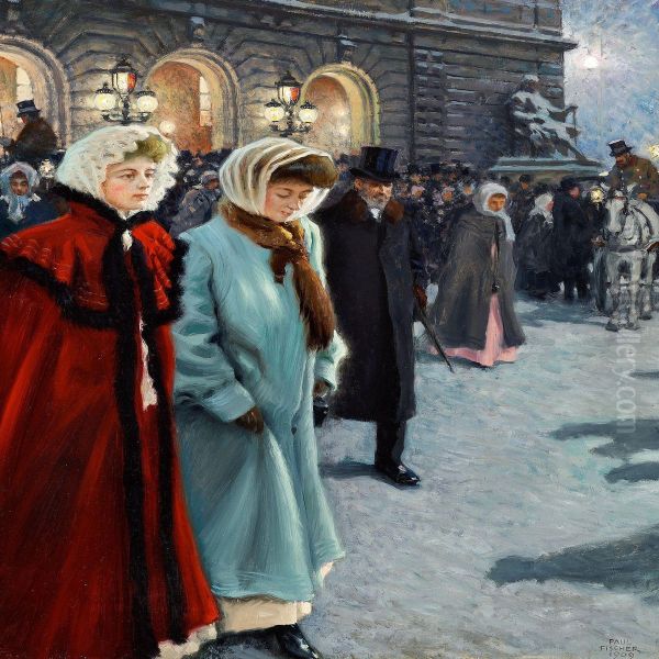 After The Performance Outside Det Kongelige Teater Oil Painting by Paul-Gustave Fischer