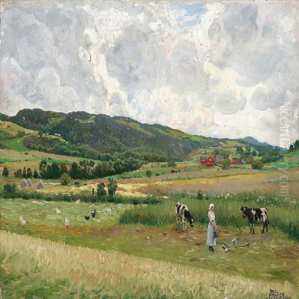 Green Fields Near Bastad In Sweden, In The Foreground A Milkmaid And Two Cows Oil Painting by Paul-Gustave Fischer