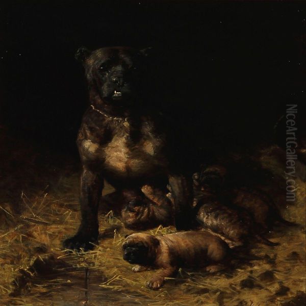 A Mastiff With Puppies Oil Painting by Vilhelm Theodor Fischer