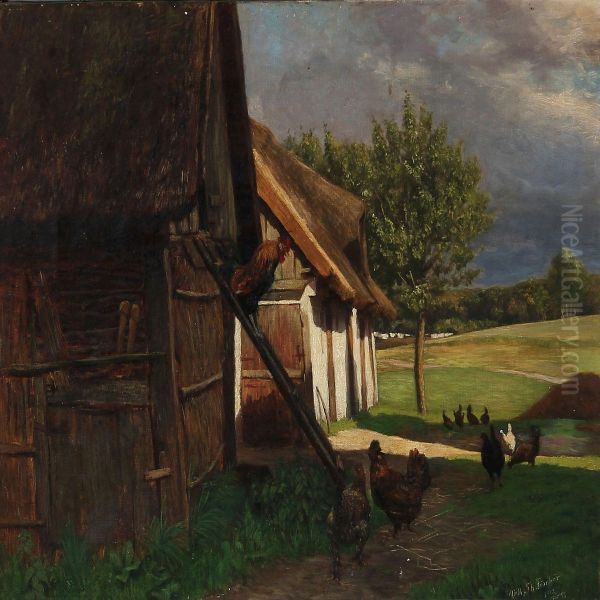 Summer Day With Chickens At A Farm Oil Painting by Vilhelm Theodor Fischer