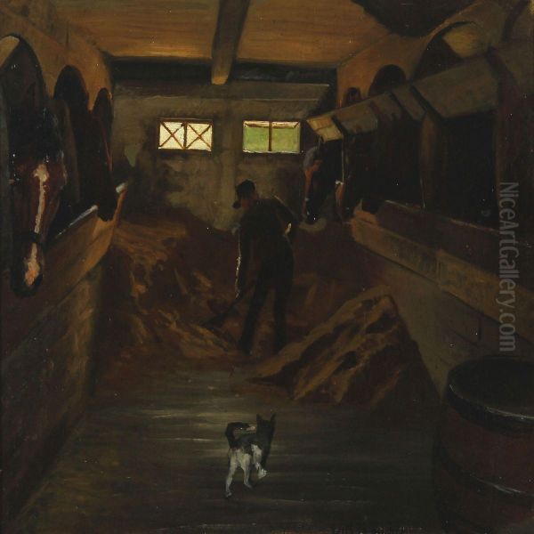 Stable Interior With Horses Getting Fodder Oil Painting by Vilhelm Theodor Fischer