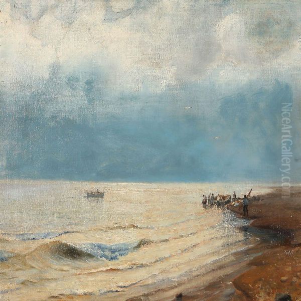 Beach Scene With Fishermen In The Water Edge Oil Painting by Vilhelm Theodor Fischer