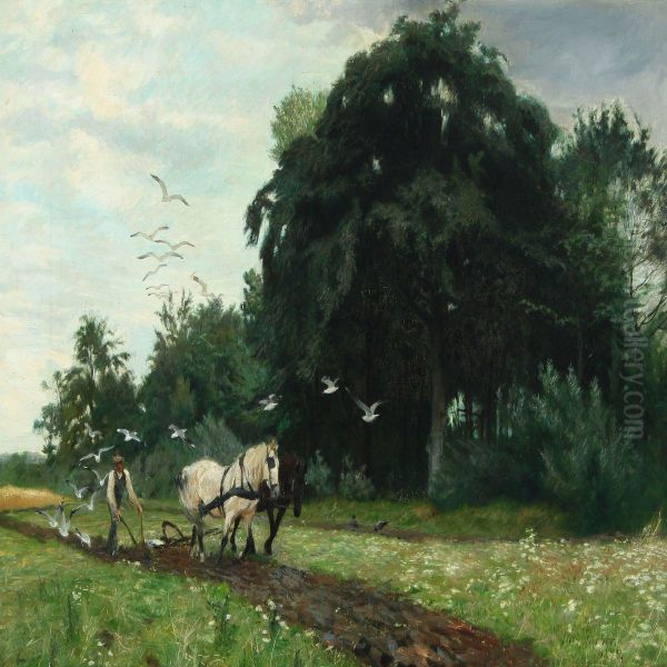 Farmer Plowing The Field Oil Painting by Vilhelm Theodor Fischer