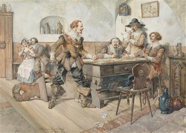 Card Players In A Pub Oil Painting by Carl Fischer-Koystrand