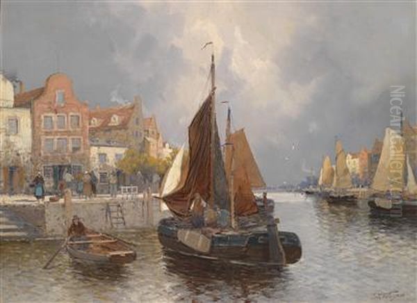 Dutch Harbour Landscape Oil Painting by Georg Fischof