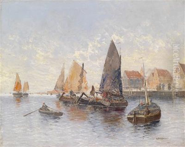 Fishing Boats In The Harbour Oil Painting by Georg Fischof