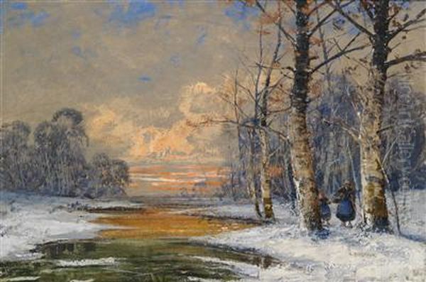 Wood Collector In A Winter Forest In The Evening Oil Painting by Georg Fischof