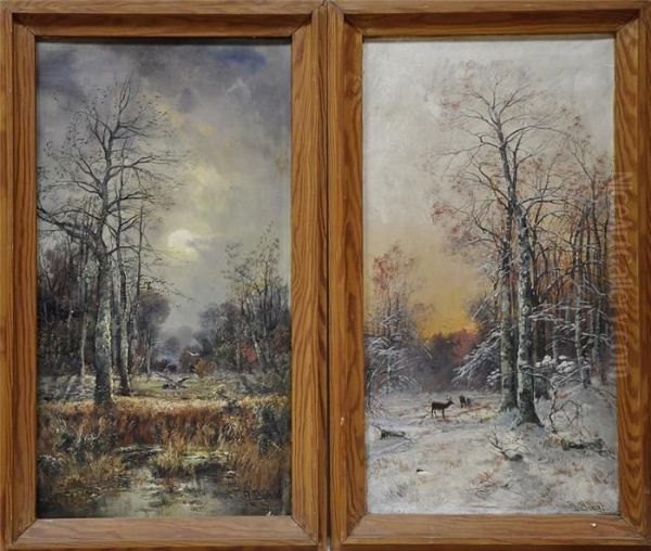 Pendants:herbstlandschaft Mit Auffliegender Ente Und Winterlandschaft Mitrotwild Oil Painting by Georg Fischof