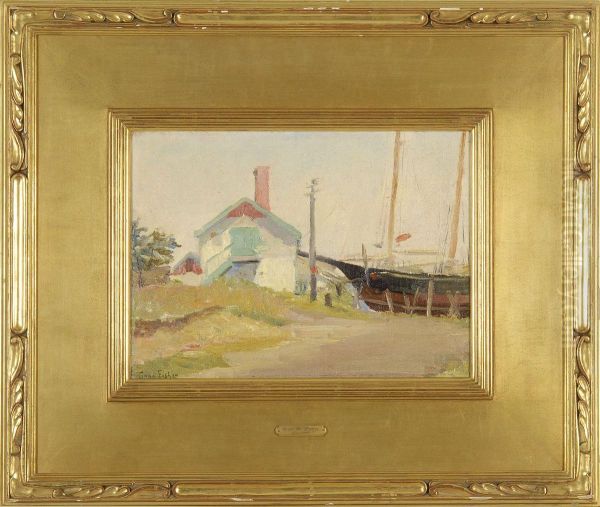 Coastal View With Ship At Dock Oil Painting by Anna S. Fisher