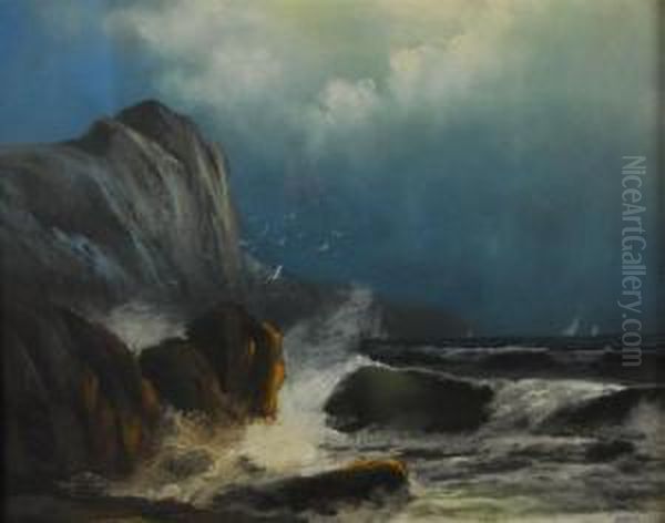 Coastal View Of Crashing Waves Oil Painting by D.A. Fisher