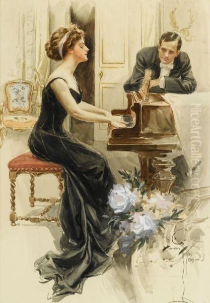 A Lady And Her Suitor Oil Painting by Harrison C. Fisher