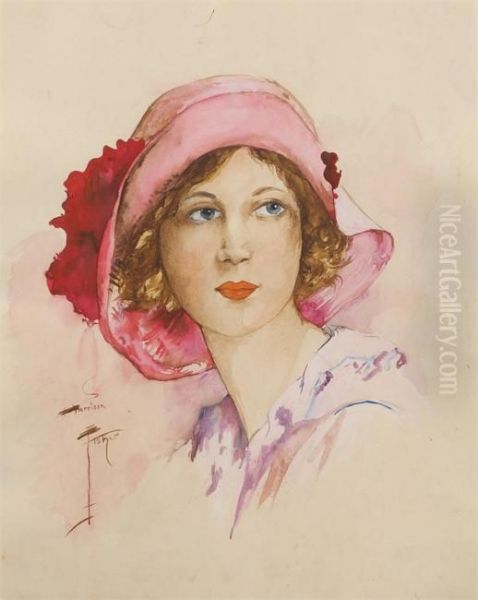 Jeune Femme Au Chapeaurouge Oil Painting by Harrison C. Fisher