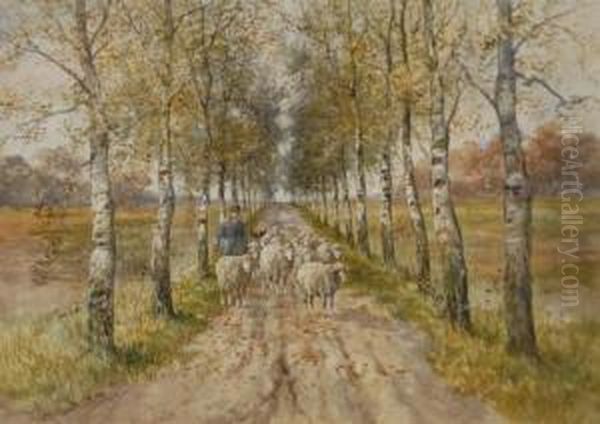 Shepherd On A Birch Lined Road Oil Painting by Hugo Fisher