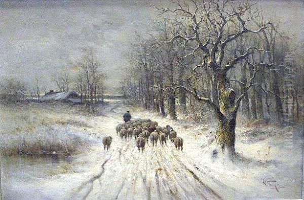 Sheep In A Snow-covered Landscape Oil Painting by Hugo Fisher