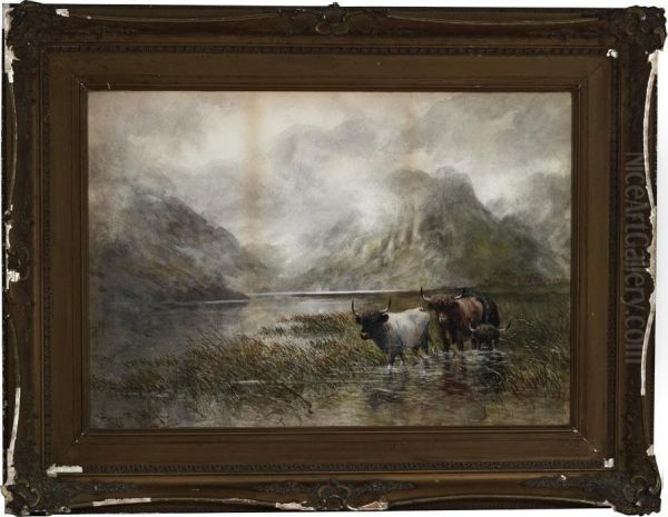 Highland Cattle Grazing Oil Painting by Hugo Anton Fisher