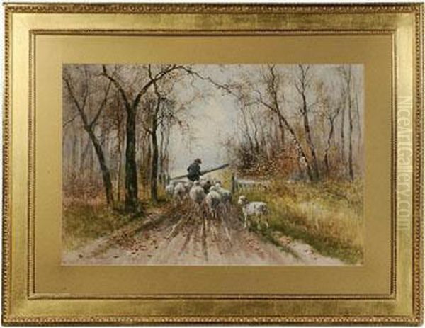 Sheepherder On A Gated Track Oil Painting by Hugo Anton Fisher