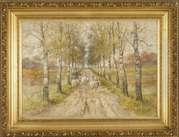 A Shepherd On A Birch-lined Road Oil Painting by Hugo Anton Fisher