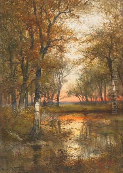 Woodland Pool, Sunset Oil Painting by Hugo Anton Fisher