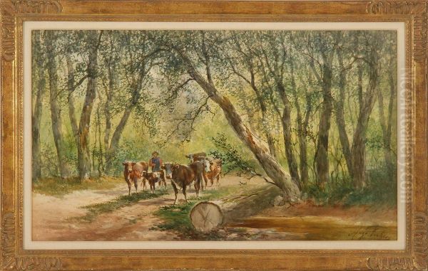 A Shepherd With Cows Walking Through A Wooded Landscape Oil Painting by Hugo Anton Fisher