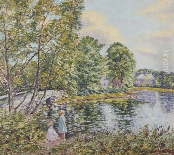 Children Playing By The Stream Oil Painting by Hugo Melville Fisher