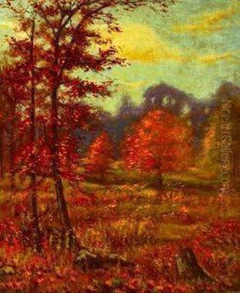 Hugo Melville Fisher . Autumn Leaves Falling, Signed Lower Right Oil Painting by Hugo Melville Fisher