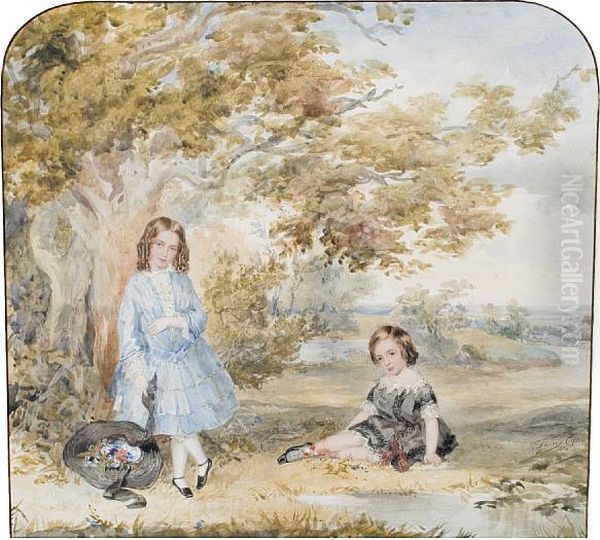 Two Girls Resting Under A Tree; Childrenriding A Pony, A Pair Oil Painting by J. Fisher