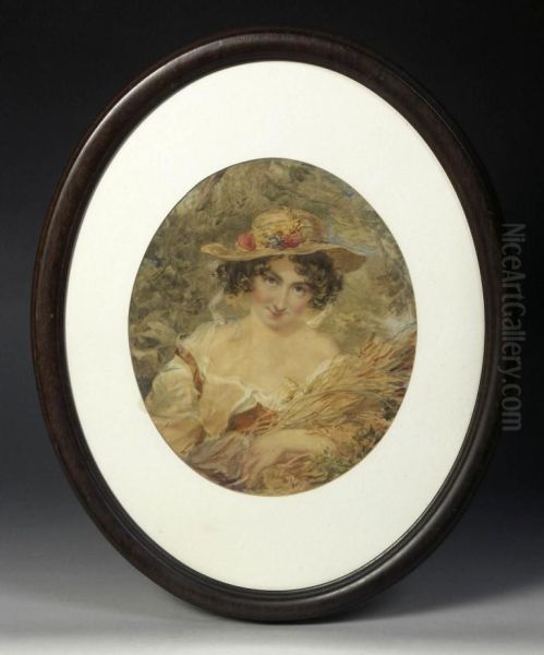 Portrait Of A Lady In A Summertime Settingcarrying A Bundle Of Wheatears And Wearing A Straw Hat Adorned Withflowers Oil Painting by J. Fisher