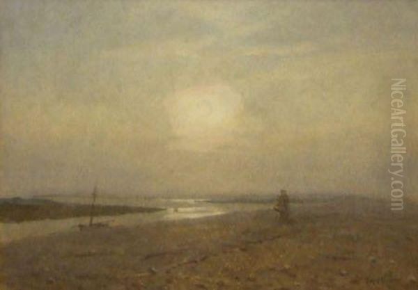 River Estuary At Dusk Oil Painting by J.H. Vignoles Fisher