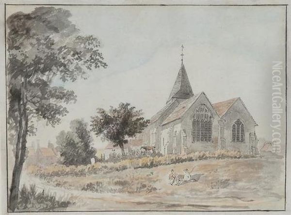 Landscape With Church And Figures Oil Painting by Jonathan Fisher