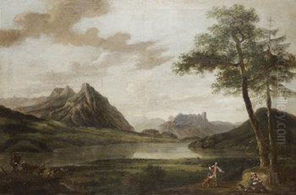 Figures In A Landscape (believed To Be The Lakes Of Killarney) Oil Painting by Jonathan Fisher