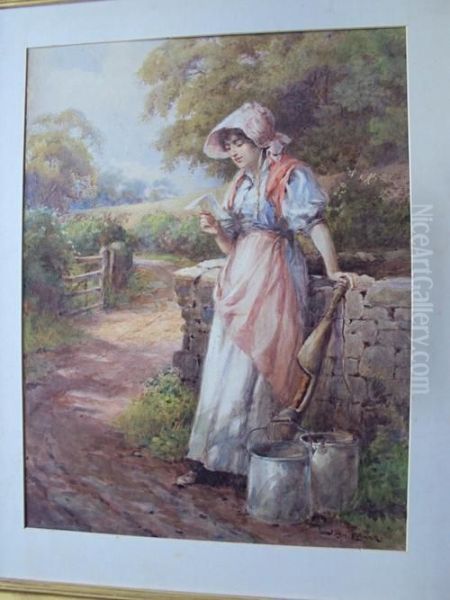 A Young Milkmaid Reading A Letter, Resting By A Wall On A County Path Oil Painting by Joshua Fisher