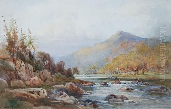 A Rocky River Landscape With Mountains Beyond,together With Another Similar Oil Painting by Joshua Fisher