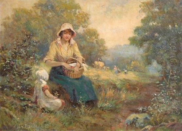 A Women And Young Girl Having A Picnic In A Field Oil Painting by Joshua Fisher