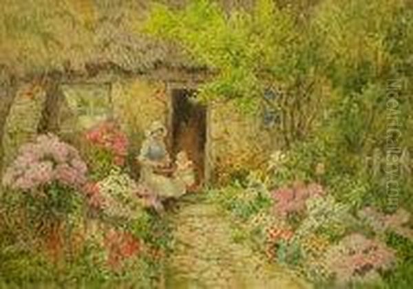 Mother And Child At The Door Of A Cottage Oil Painting by Joshua Fisher