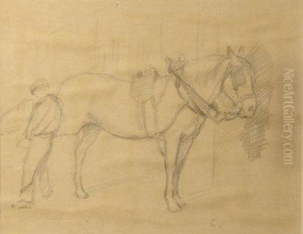 Blacksmith Shoeing Dray Horse Pencil Drawing Oil Painting by Percy Harland Fisher