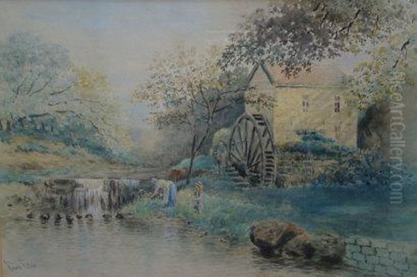 A Mother And Child Picking Wild Flowers Beside Stepping Stones Beneath A Waterfall Oil Painting by Fred Fitch