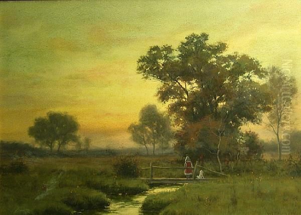 Girl And Her Dog On A Footbridge At Sunset Oil Painting by William Crothers Fitler