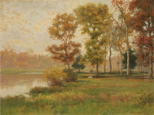 Riverlandscape With Figure And Dog Oil Painting by William Crothers Fitler