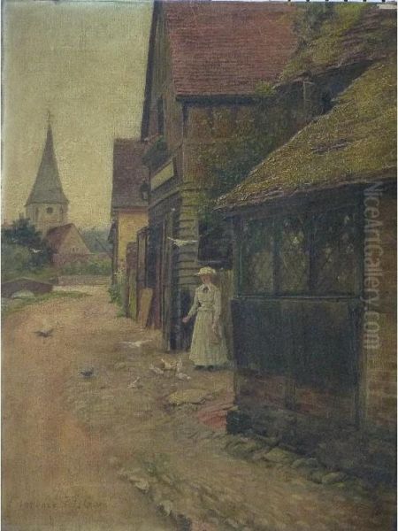 Lady Feeding Birds - Shere Village, Surrey Oil Painting by Florence Fitzgerald