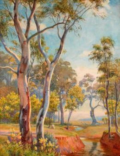 Sunshine, Wattle & Sheep Oil Painting by Florence Fitzgerald