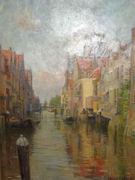 European Canal Landscape Oil Painting by Florence Fitzgerald