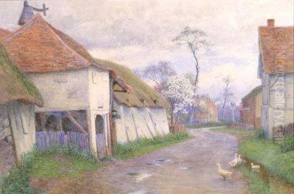 Ducks On A Village Road Oil Painting by Florence Fitzgerald