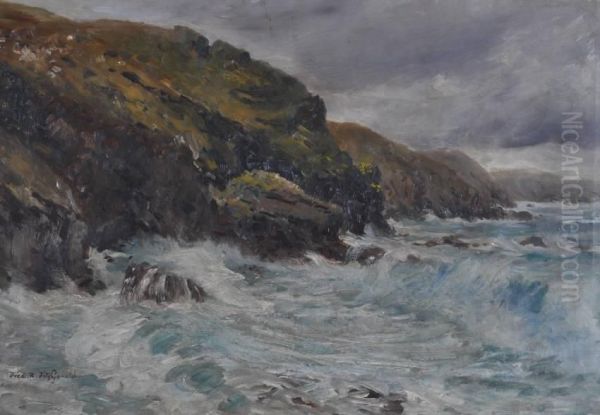 Rocky Cornish Coastal Scene Oil Painting by Frederick R. Fitzgerald