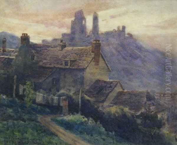 Corfe Castle Dorset Oil Painting by Gerald Fitzgerald