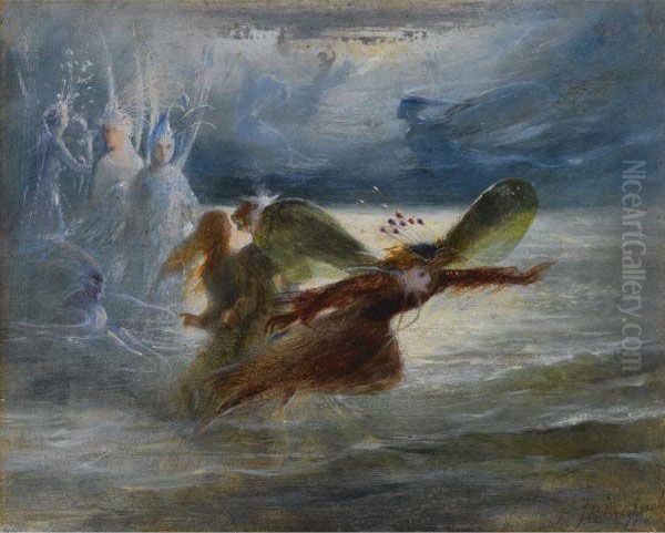 Sea-sprites In Flight Oil Painting by John Anster Fitzgerald