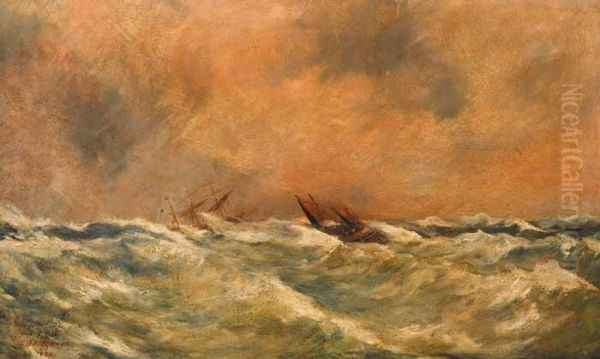 Fishing Vessells In A High Sea Oil Painting by Joseph Fitzgerald