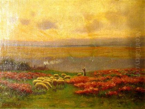 Sheep Grazing In Flowered Pasture Oil Painting by Hiram Peabody Flagg