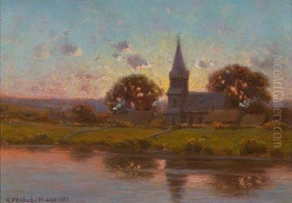 Sunset Over The Church Steeple Oil Painting by Hiram Peabody Flagg